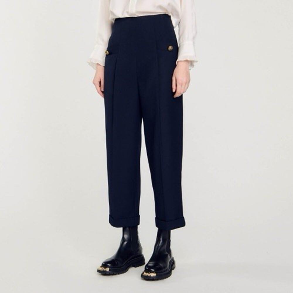 Sandro Navy Blue Wide Leg Cropped Cuffed Trousers Wool Nautical Gold Buttons 36